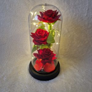 Bársonyrózsa üvegbúra alatt LED világítással – 20 cm