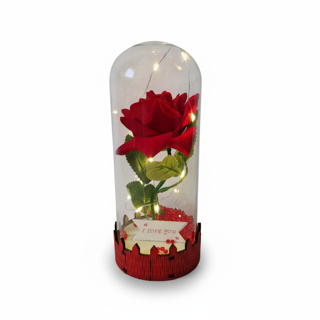 Rózsa üvegbúra alatt LED világítással – 20 cm - több színben