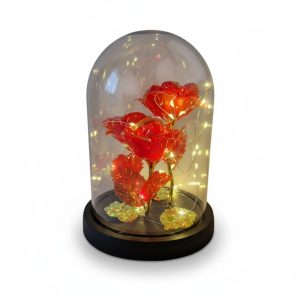 Irizáló rózsák üvegbúra alatt LED világítással – 20 cm