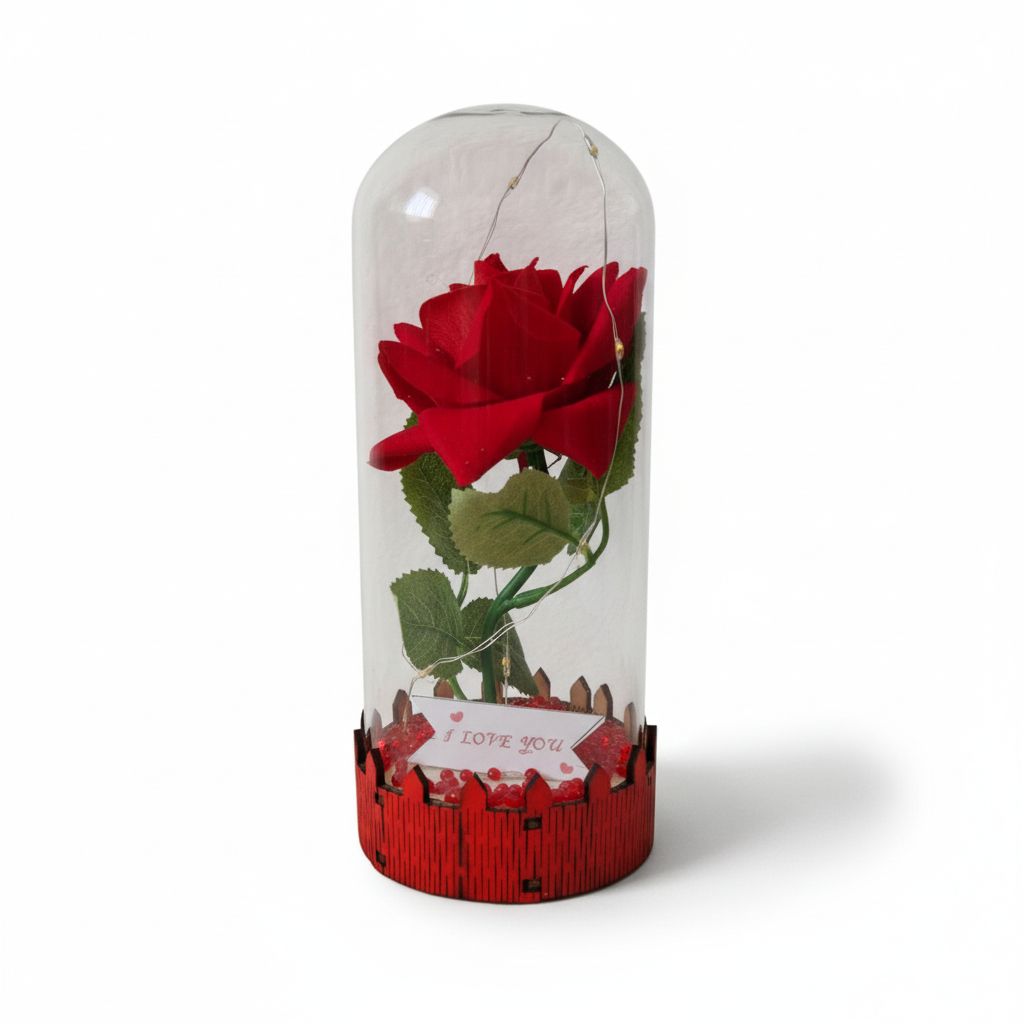 Rózsa üvegbúra alatt LED világítással – 20 cm - több színben - Image 4