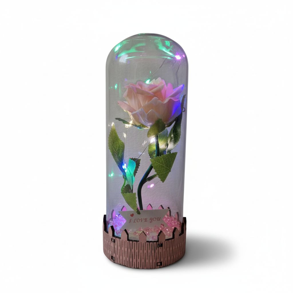 Rózsa üvegbúra alatt LED világítással – 20 cm - több színben - Image 5