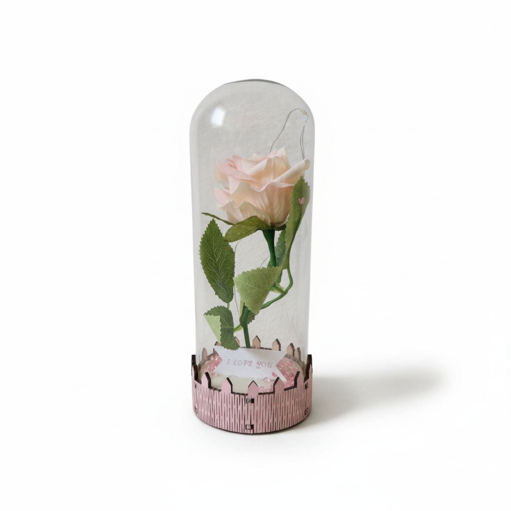 Rózsa üvegbúra alatt LED világítással – 20 cm - több színben - Image 3